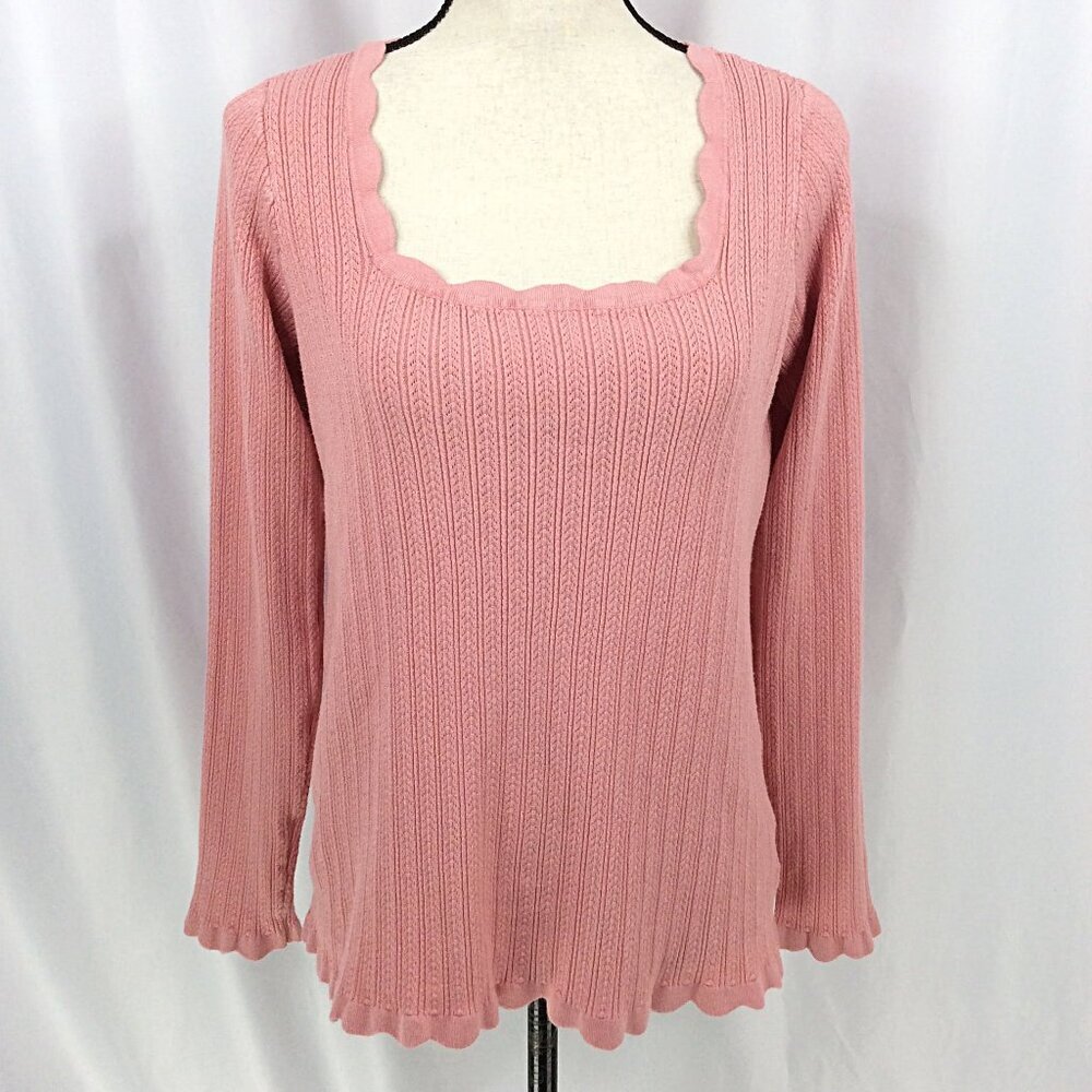 Ryegrass Scalloped Sweater Womens Size Large Pink Square Neck Ribbed Cable‎ Knit